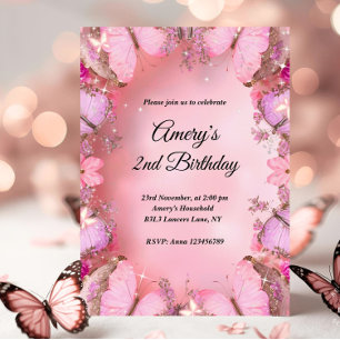 Glittery Elegant Pink Purple Butterfly Birthday Invitation