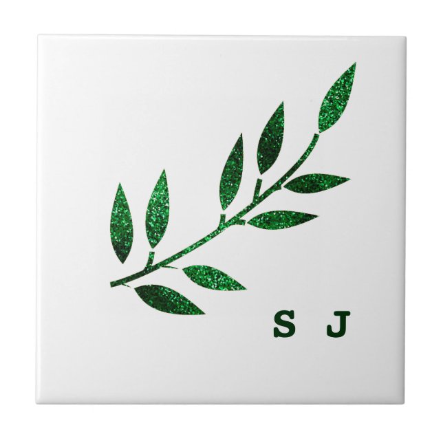 Glittery Emerald Green Leaf Monogram Gift Favour Ceramic Tile (Front)