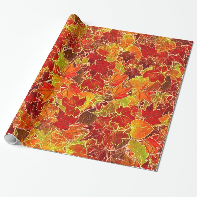 Glittery Fall Maple Leaves Wrapping Paper (Unrolled)