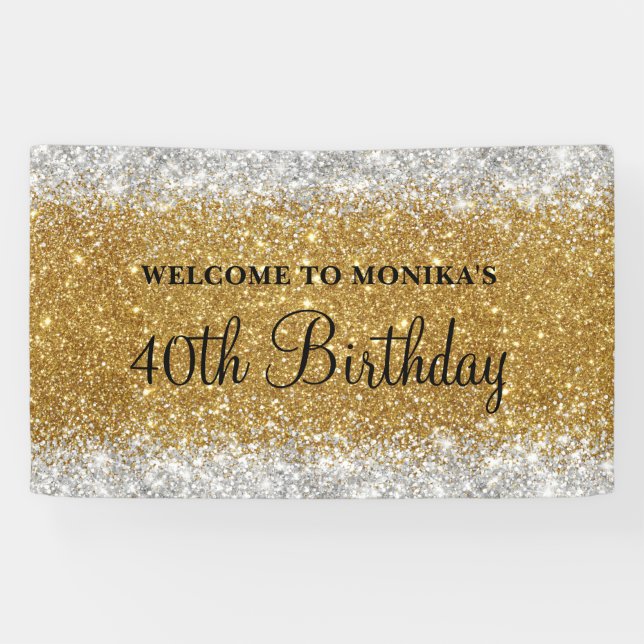 Glittery Faux Gold Silver 40th Birthday Welcome Banner (Horizontal)