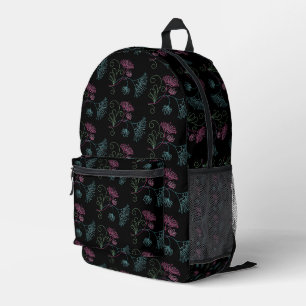 Glittery Flower Design On Black Printed Backpack