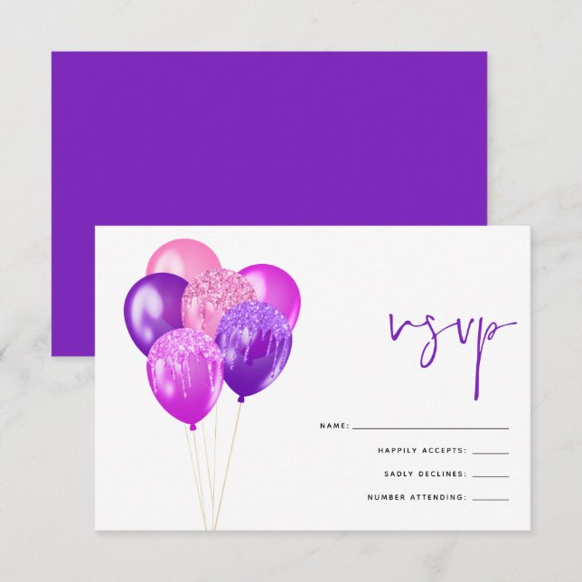 Glittery Fuchsia Mauve Balloon 60th Birthday Party RSVP Card (Front/Back)