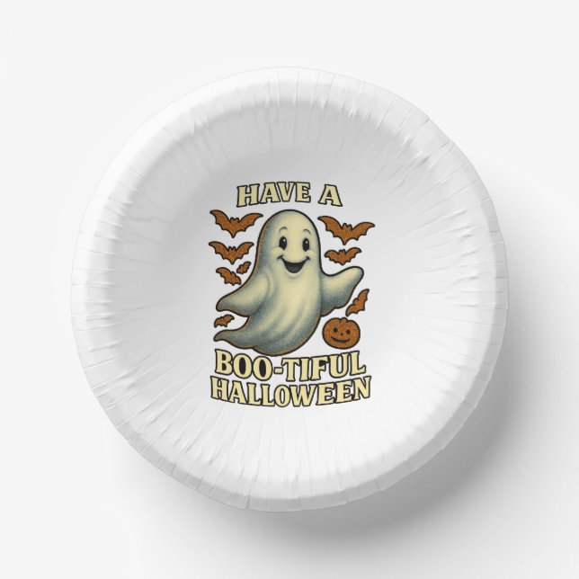 Glittery Ghost “Have a Boo-tiful Halloween” Paper Plate (Front)