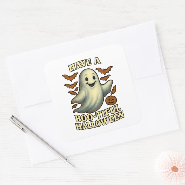 Glittery Ghost “Have a Boo-tiful Halloween” Square Sticker (Envelope)