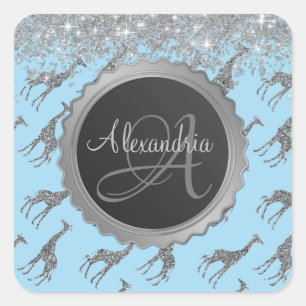 Glittery Giraffe on Blue Monogram Personalised Square Sticker