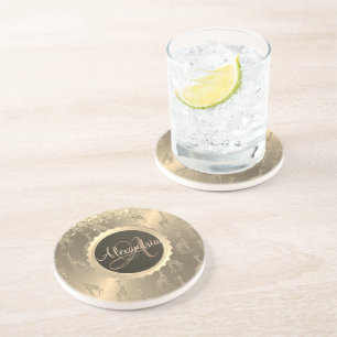 Glittery Giraffes on Glitzy Gold Monogram Coaster