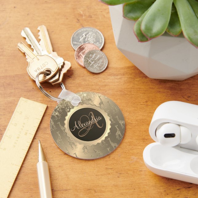 Glittery Giraffes on Glitzy Gold Monogram  Key Ring (Desk)