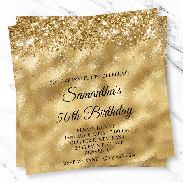 Glittery Glossy Gold Metallic Look 50th Birthday Invitation (Glittery Glossy Gold Metallic Look 50th Birthday Invitation)