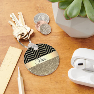 Glittery Gold and Black Chevron Personalised Key Ring