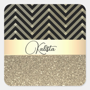 Glittery Gold and Black Chevron  Personalised Square Sticker