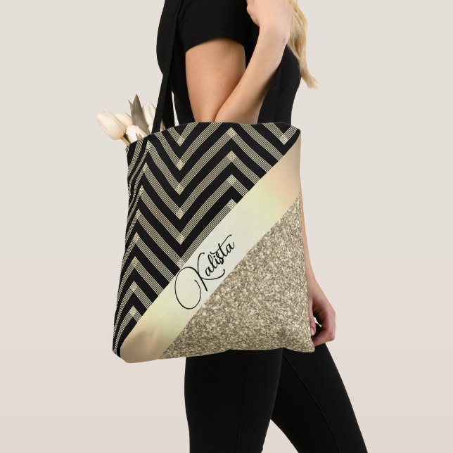 Glittery Gold and Black Chevron Personalised Tote Bag (Close Up)