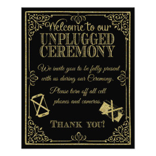 glittery gold and black unplugged wedding sign