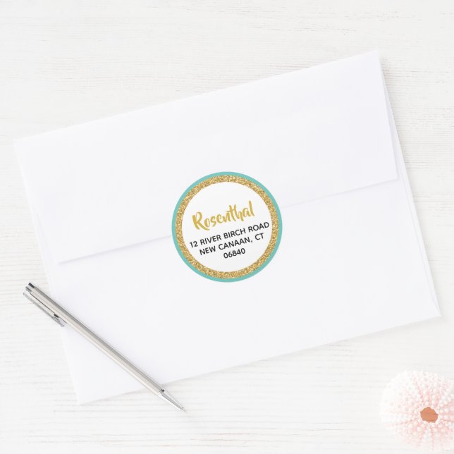 Glittery Gold and Teal Address Classic Round Sticker (Envelope)