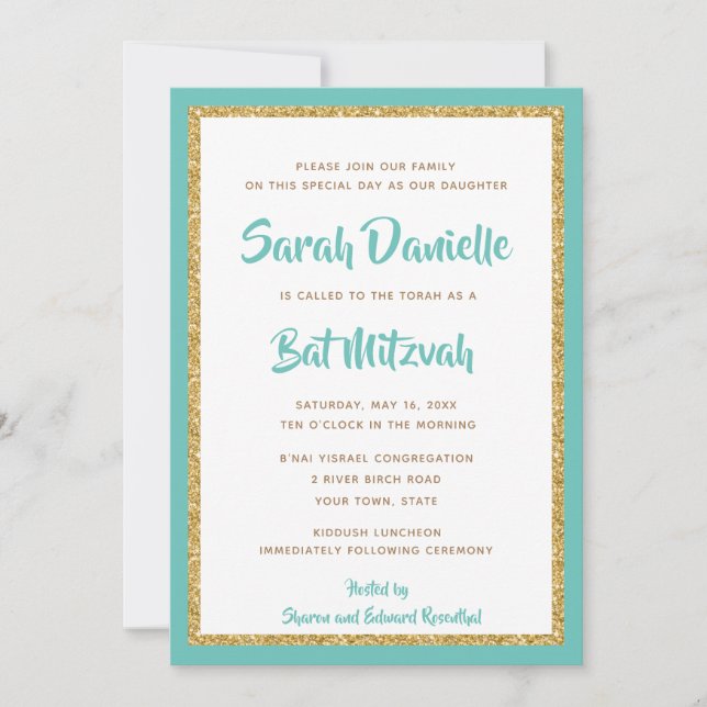 Glittery Gold and Teal Framed Bat Mitzvah Invitation (Front)