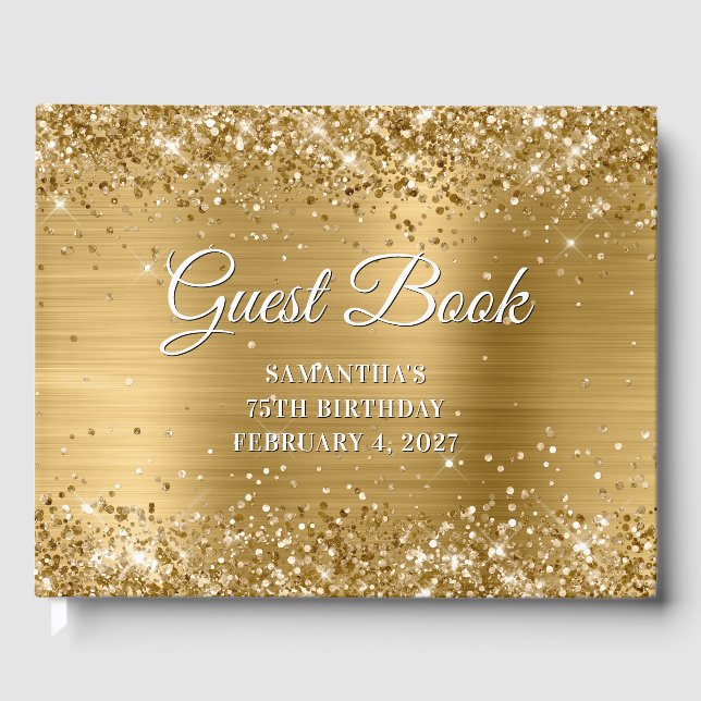 Glittery Gold and White 75th Birthday Guest Book (Front)