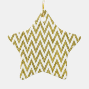 Glittery Gold and White Chevron Stripes Ceramic Tree Decoration