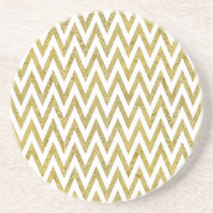 Glittery Gold and White Chevron Stripes Coaster