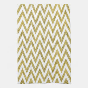 Glittery Gold and White Chevron Stripes Tea Towel