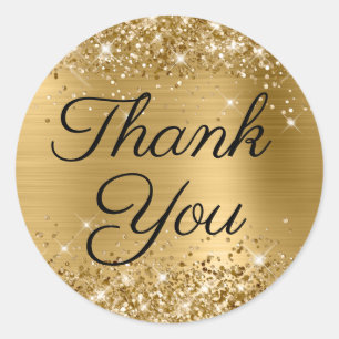 Glittery Gold Black Elegant Calligraphy Thank You Classic Round Sticker