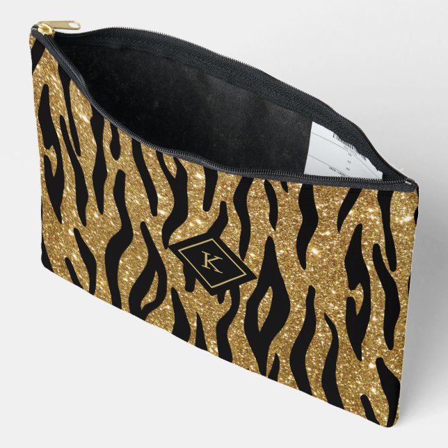 Glittery Gold, Black Zebra Pattern Monogram  Accessory Pouch (Open)