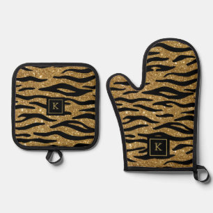Glittery Gold, Black Zebra Pattern Monogram Oven Mitt & Pot Holder Set