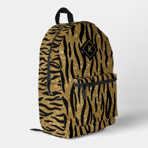 Glittery Gold, Black Zebra Pattern Monogram  Printed Backpack