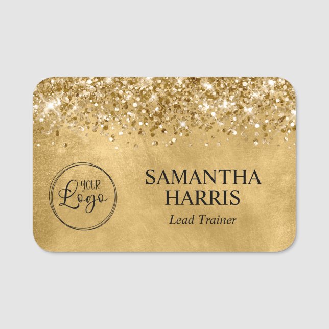 Glittery Gold Business Logo Name Tag (Front)