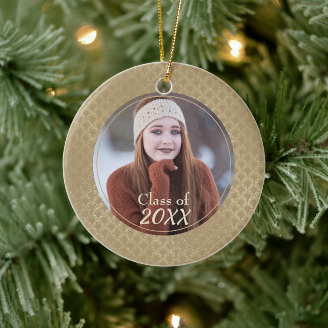 Glittery Gold Damask Pattern Photo Graduate Ceramic Ornament (Tree)