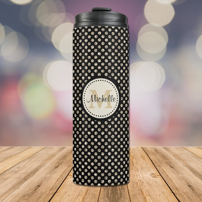 Glittery Gold Dots on Black Monogram Thermal Tumbler (Creator Uploaded)