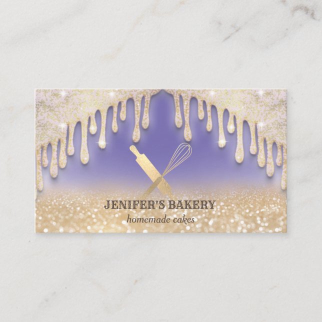 Glittery gold drips rolling pin whisk chef bakery business card (Front)