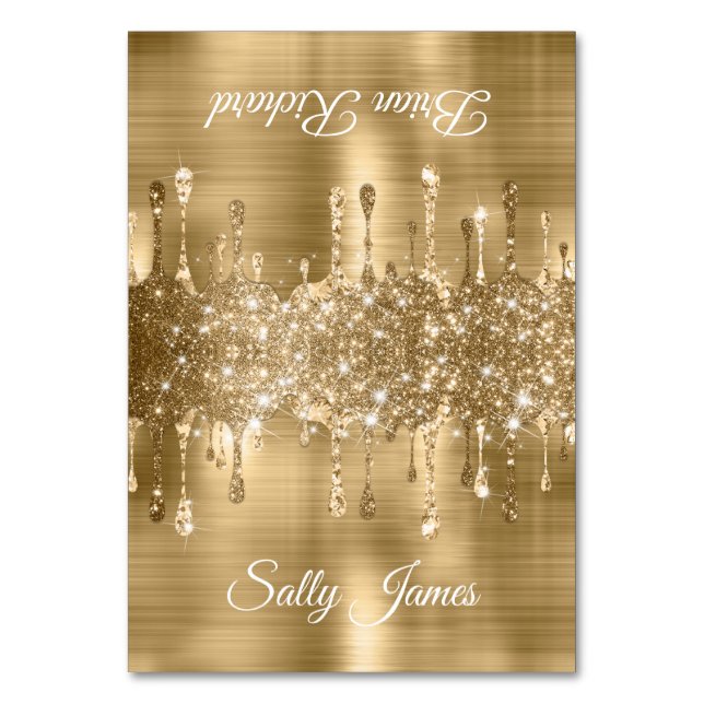 Glittery Gold Drips Two Name Place Cards (Front)