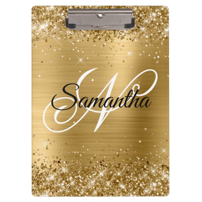 Glittery Gold Fancy Monogram Clipboard (Front)