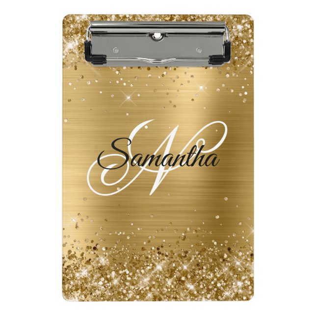 Glittery Gold Fancy Monogram Mini Clipboard (Front)