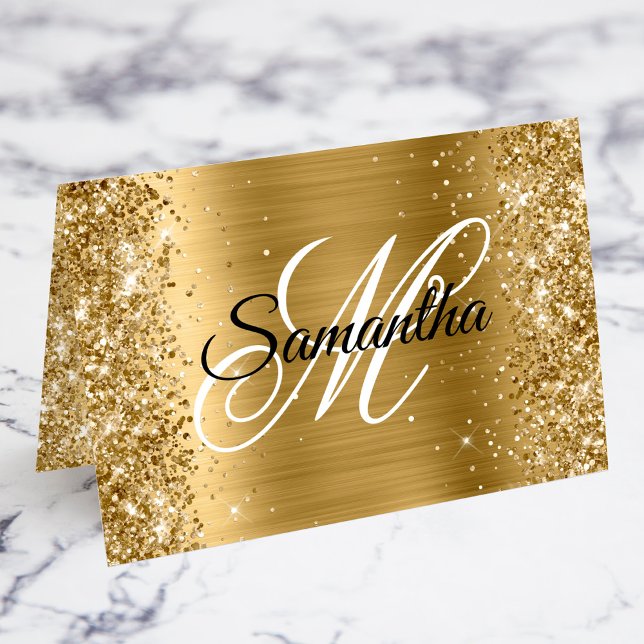Glittery Gold Fancy Monogram Place Cards (Glittery Gold Fancy Personalized Monogram Individual Place Card for your Wedding Event)