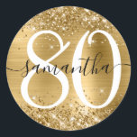 Glittery Gold Faux Foil Personalised 80 Classic Round Sticker<br><div class="desc">Change the colour of the black and white font to match her style. You can customise the numbers that create 80 to match her age. Create your own girly name and birthday sticker for your invites. The gold glitter, metallic foil and sparkle graphics are digitally created and will print like...</div>