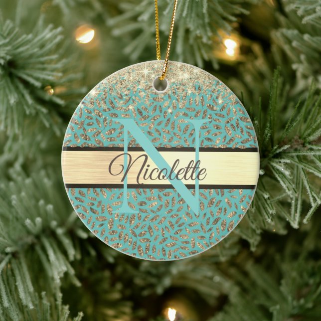 Glittery Gold Feathers Monogram     Ceramic Ornament (Tree)