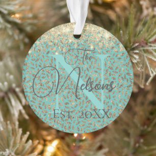Glittery Gold Feathers Monogram Family Name Ornament