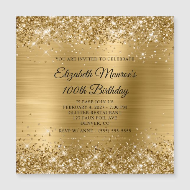 Glittery Gold Foil 100th Birthday Magnetic Invitation (Front)