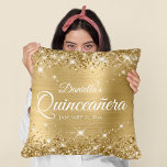 Glittery Gold Foil 15 Quinceañera Cushion<br><div class="desc">Fabulous quinceañera girly glam throw pillow for your daughter. The front features the number fifteen in a puffy balloon text image. The background image features a girly glam gold ombre brushed metal style foil with faux golden yellow glitter digital art graphics. On the backside, you can customise the font style,...</div>