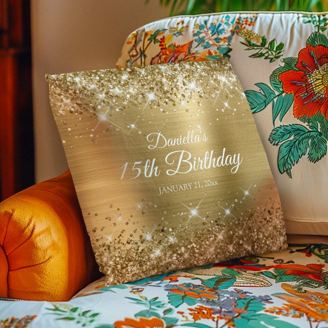 Glittery Gold Foil 15th Birthday Cushion (Glittery Gold Foil 15th Birthday Throw Pillow)