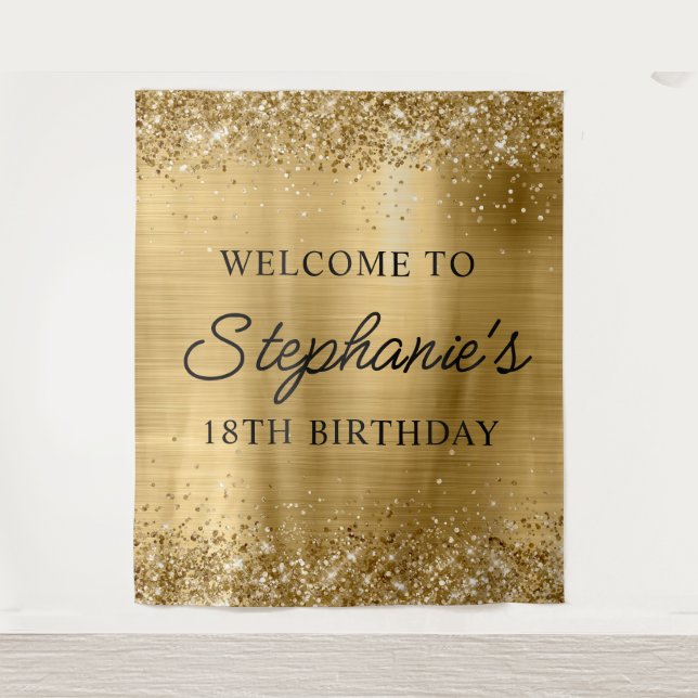 Glittery Gold Foil 18th Birthday Script Welcome Tapestry (Front)