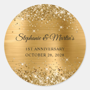 Glittery Gold Foil 1st Wedding Anniversary Classic Round Sticker