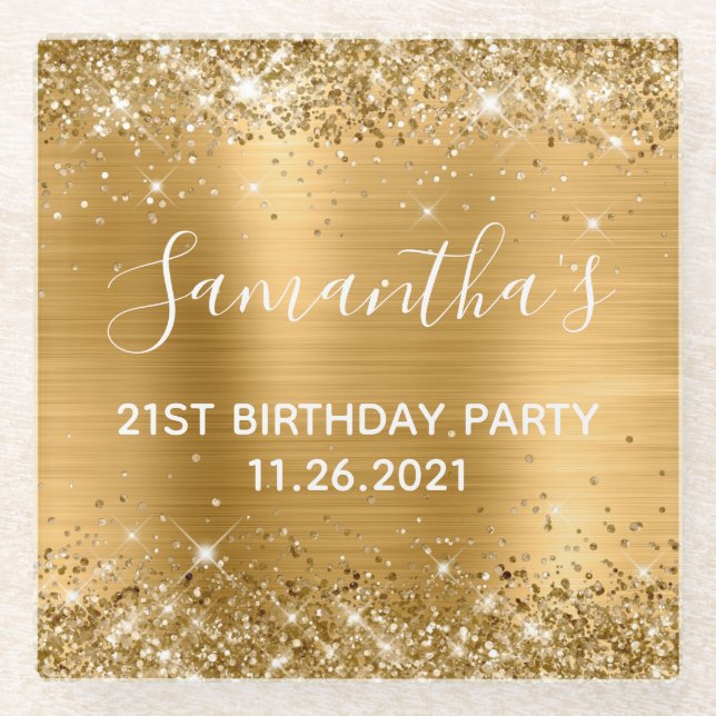 Glittery Gold Foil 21st Birthday Party Glass Coaster (Front)