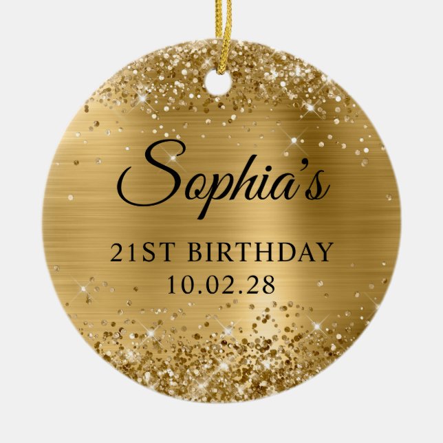 Glittery Gold Foil 21st Birthday Photo Ceramic Ornament (Front)