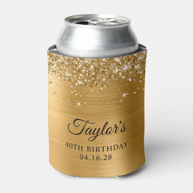 Glittery Gold Foil 40th Birthday Can Cooler (Can Front)