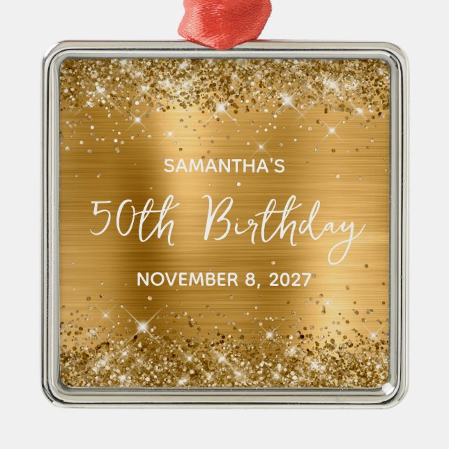 Glittery Gold Foil 50th Birthday Metal Ornament (Front)