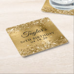 Glittery Gold Foil 50th Birthday Square Paper Coaster<br><div class="desc">Create your own 50th birthday party decorative paper coasters. Girly faux sparkly gold glitter on the top and bottom edge, over a faux golden brushed metal style ombre foil. Customise the font styles to create your own for her special celebration. A classic elegant calligraphy paired with an all caps serif...</div>