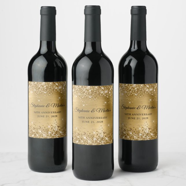 Glittery Gold Foil 50th Wedding Anniversary Wine Label (Bottles)