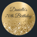 Glittery Gold Foil 70th Birthday Classic Round Sticker<br><div class="desc">Create your own fancy monogram stylish milestone 70th birthday celebration envelope seals for her. The background features a golden yellow ombre brushed metal style foil digital art graphic. Along the bottom is a band of gold faux sparkly glitter girly glam. Customise the font colour, size or style. The luxury sparkles,...</div>