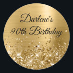 Glittery Gold Foil 90th Birthday Classic Round Sticker<br><div class="desc">Create your own fancy monogram stylish milestone 90th birthday celebration envelope seals for her. The background features a golden yellow ombre brushed metal style foil digital art graphic. Along the bottom is a band of gold faux sparkly glitter girly glam. Customise the font colour, size or style. The luxury sparkles,...</div>